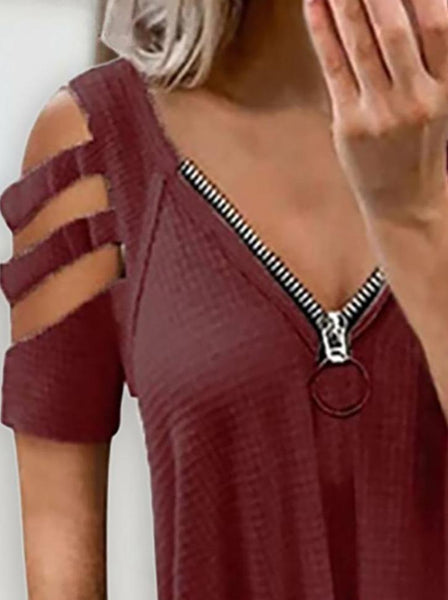 Shoulder Cutout Sleeve Zip Front Plaid Top