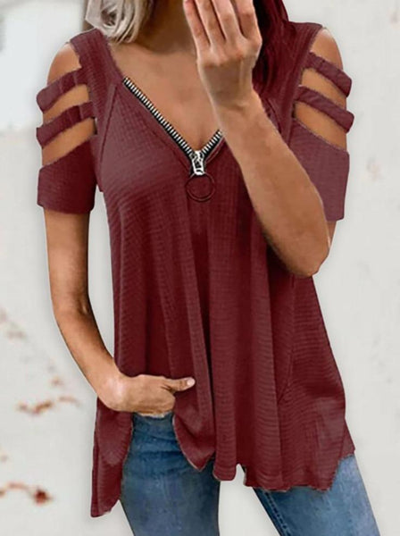 Shoulder Cutout Sleeve Zip Front Plaid Top