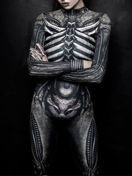 Skeleton Patterned Bodycon Long Sleeve Jumpsuit