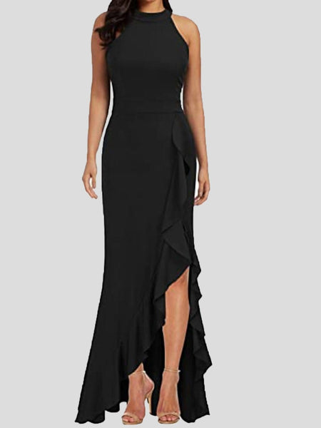 Sleeveless Turtleneck Dress with Ruffled Slit