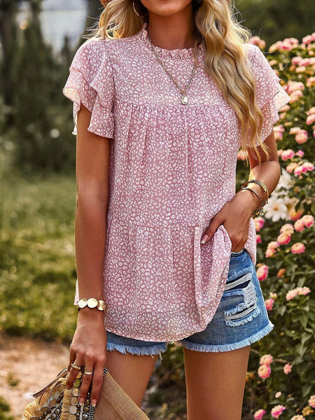 Sophisticated Polka Dot Chiffon Blouse with Ruffled Sleeves and Round Neck