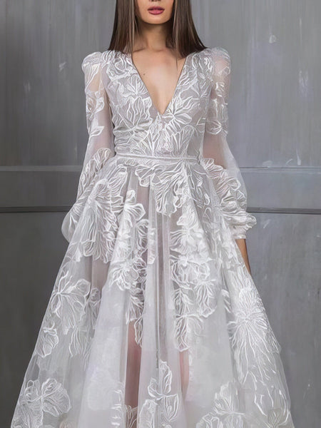 Sparkling V-Neck Sequin Embroidered Elegant Long Sleeve Dress