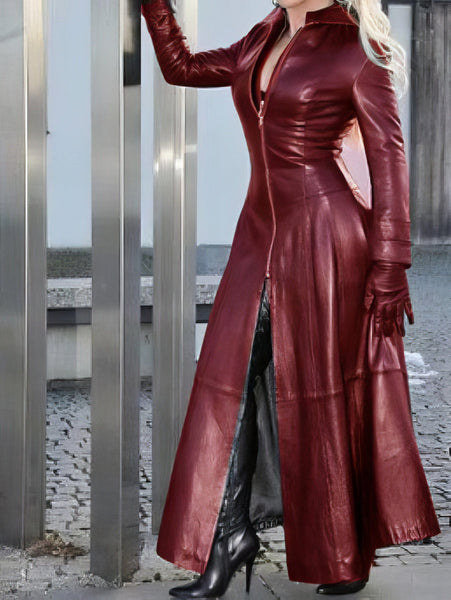 Women's Vegan Leather Zip-Front Stand Collar Midi Dress