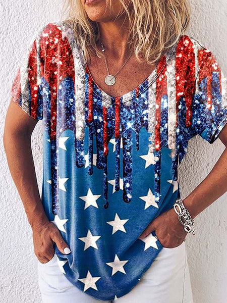 Star Stripe Print V-Neck Short Sleeve T-Shirt
