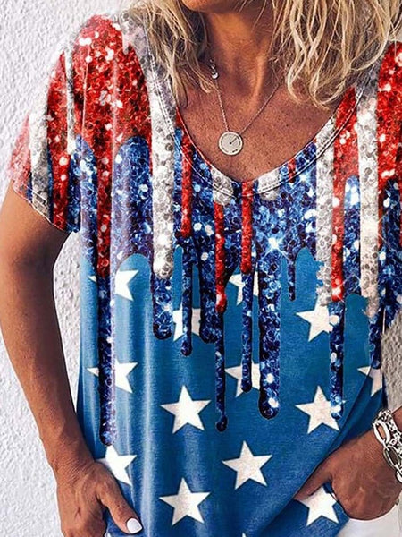 Star Stripe Print V-Neck Short Sleeve T-Shirt