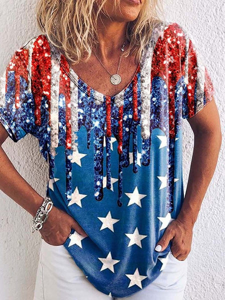 Star Stripe Print V-Neck Short Sleeve T-Shirt