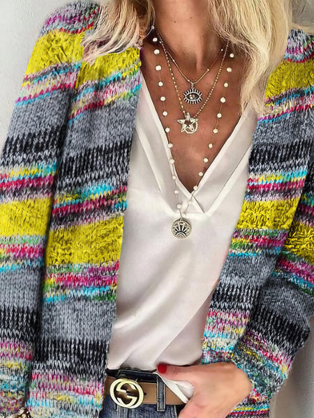 Striped Woolen Commuter Cardigan in Multicolor Print