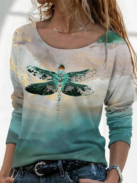 Women's Stylish Dragonfly Pattern Long Sleeve T-Shirt