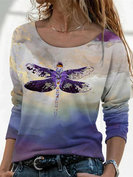 Women's Stylish Dragonfly Pattern Long Sleeve T-Shirt