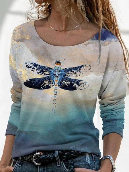 Women's Stylish Dragonfly Pattern Long Sleeve T-Shirt