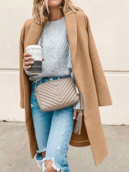 Stylish Lapel Wool Blend Coat with Long Sleeves