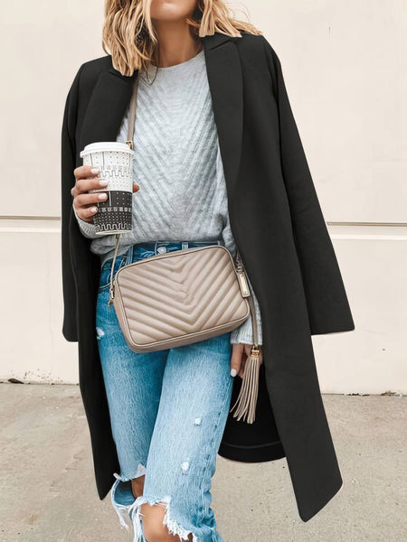 Stylish Lapel Wool Blend Coat with Long Sleeves