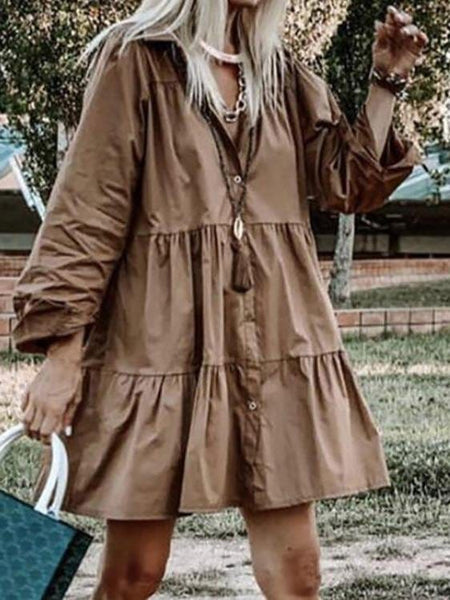 Stylish Long Sleeve Button-Up Mini Dress