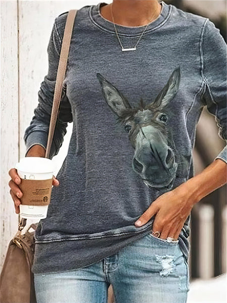 Stylish Long Sleeve Tee with Playful Donkey Print