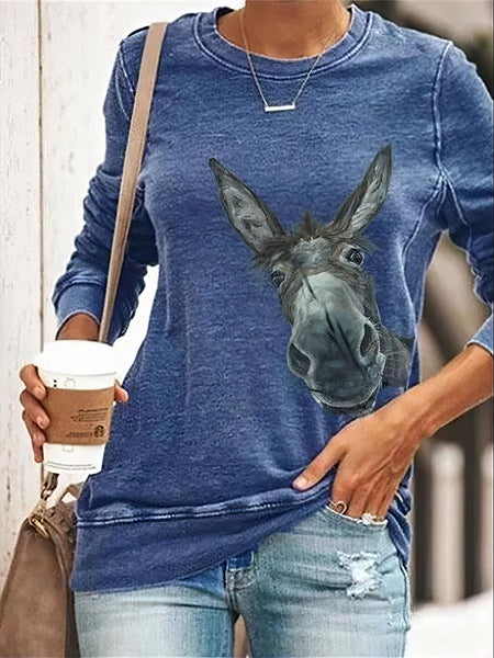 Stylish Long Sleeve Tee with Playful Donkey Print