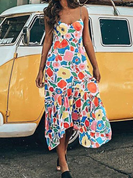 Stylish Multicolor Ruffled Sling Dress