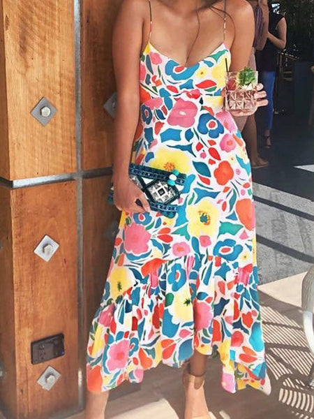 Stylish Multicolor Ruffled Sling Dress
