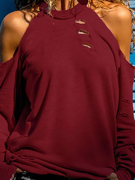 Women's Heather Gray Distressed Cold-Shoulder Cotton Blend Sweatshirt