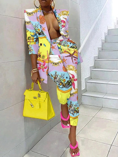 Women's Tropical Ocean Print Blazer & Tapered Trouser Set