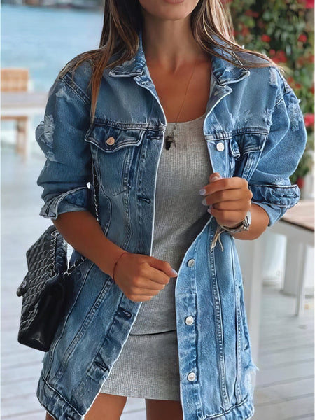 Stylish Ripped Denim Jacket with Lapel Pocket