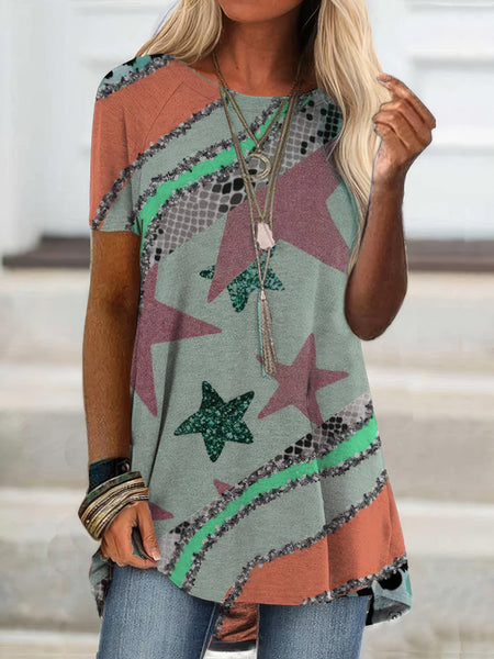 Stylish Round Neck T-shirt with Short Sleeves and Prints