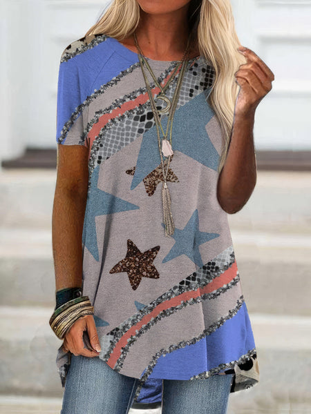 Stylish Round Neck T-shirt with Short Sleeves and Prints