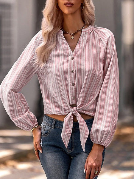 Stylish Slim Fit V-Neck Striped Long Sleeve Blouse
