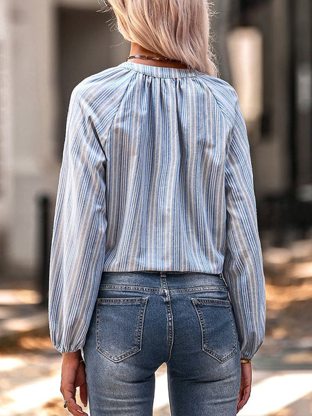 Stylish Slim Fit V-Neck Striped Long Sleeve Blouse