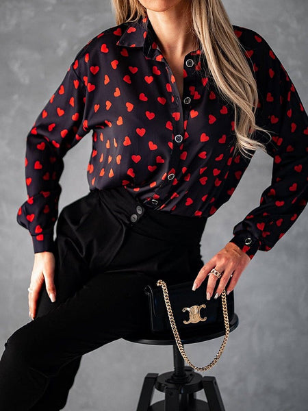 Women's Heart Print Collared Drop Shoulder Blouse