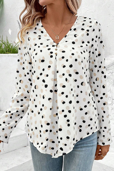 Women's Heart Print Collared Drop Shoulder Blouse