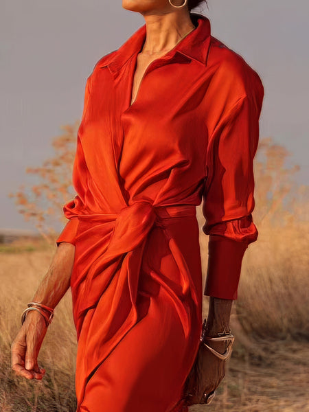 Tie Long Sleeve Dress with High Waist Slit