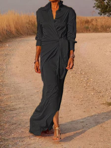 Tie Long Sleeve Dress with High Waist Slit