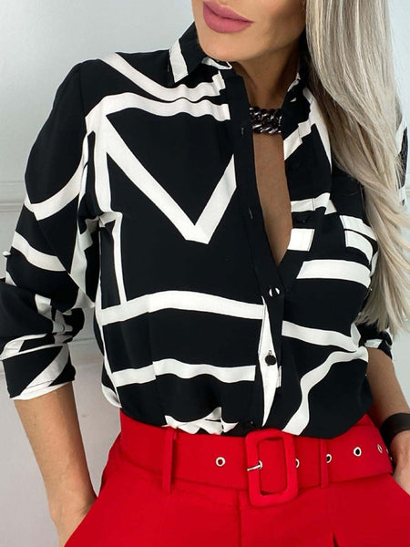 Women's Mandarin Orange Abstract Geometric Button-Down Blouse
