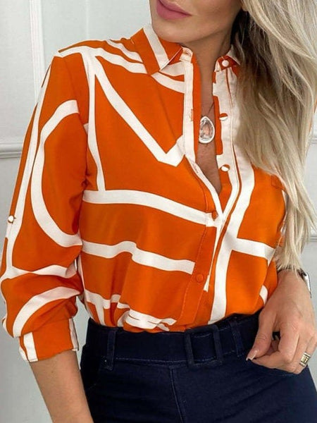 Women's Mandarin Orange Abstract Geometric Button-Down Blouse