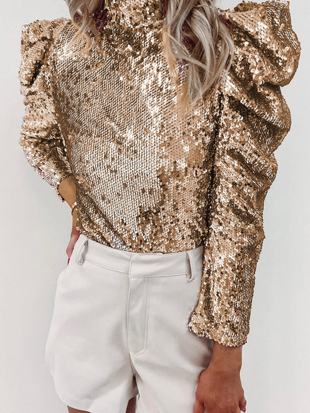 Ladies' Sequin Embellished Slanted Shoulder T-Shirt with Short Sleeves