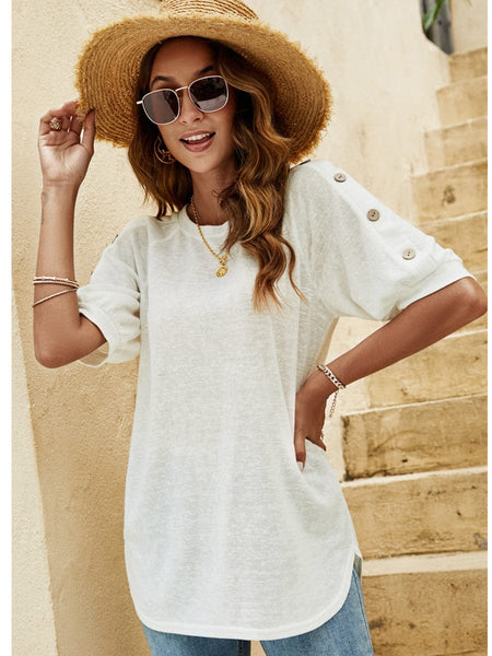 Loose Round Neck Button Casual Half-Sleeve T-Shirt