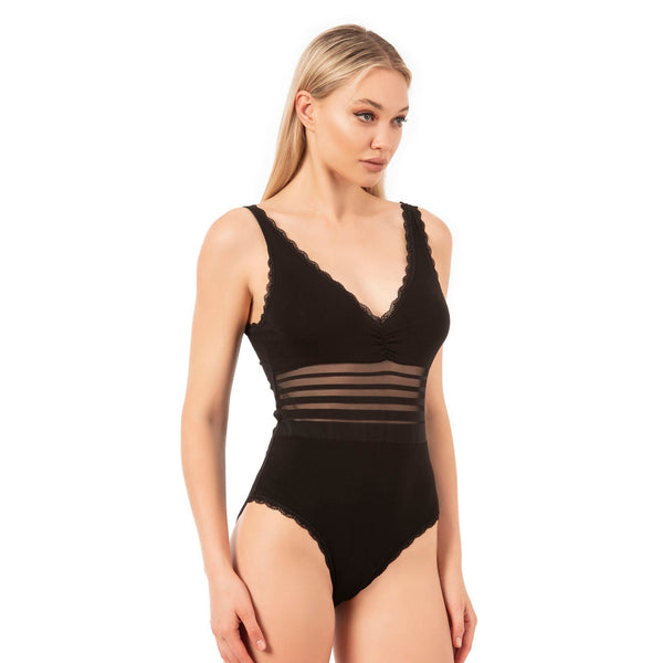 Women’s Cotton Bodysuit with Sheer Waist and Lace Trim