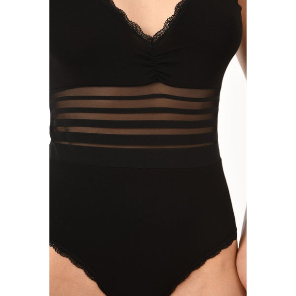 Women’s Cotton Bodysuit with Sheer Waist and Lace Trim