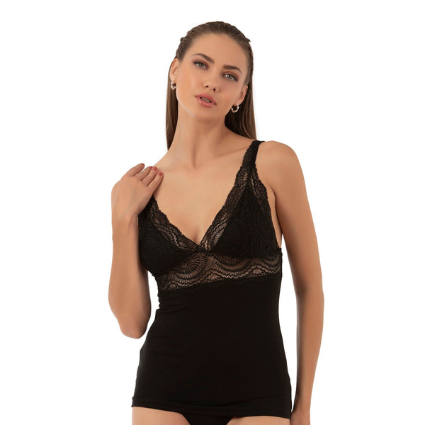 Women’s Lace Trim Cotton Modal Camisole with V-Neck and Wide Straps