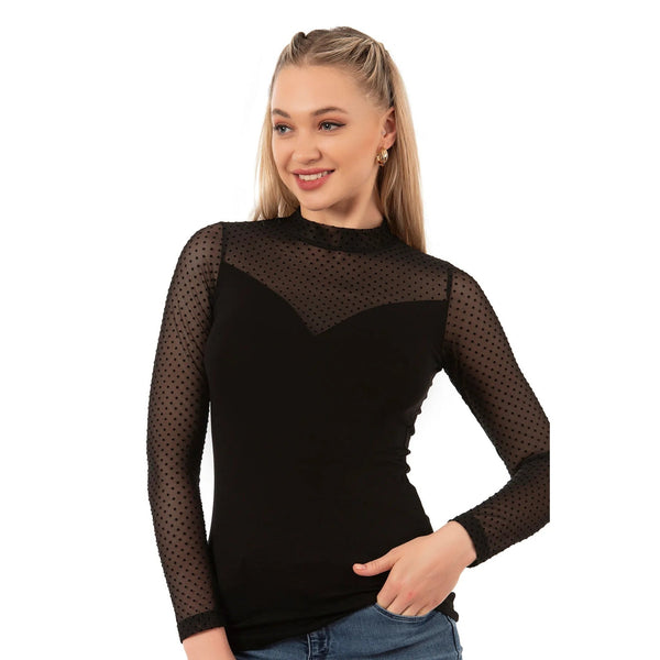 Women’s Long Sleeve Mesh Top with Polka Dot Detail