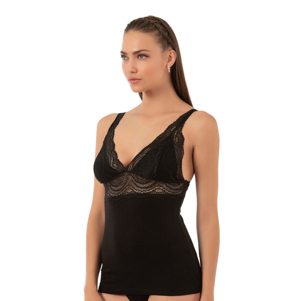 Women’s Lace Trim Cotton Modal Camisole with V-Neck and Wide Straps