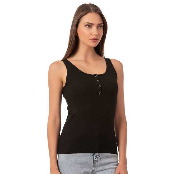 Women’s Ribbed Cotton Tank Top with Snap-Button Detail