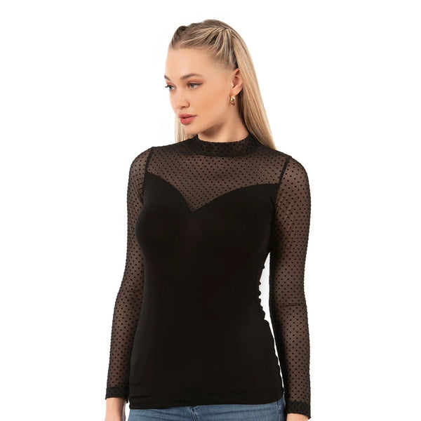 Women’s Long Sleeve Mesh Top with Polka Dot Detail