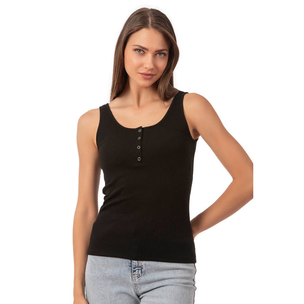 Women’s Ribbed Cotton Tank Top with Snap-Button Detail