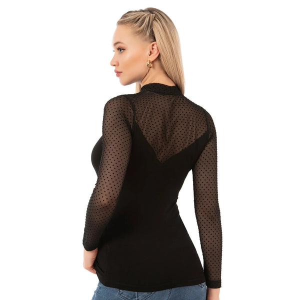 Women’s Long Sleeve Mesh Top with Polka Dot Detail