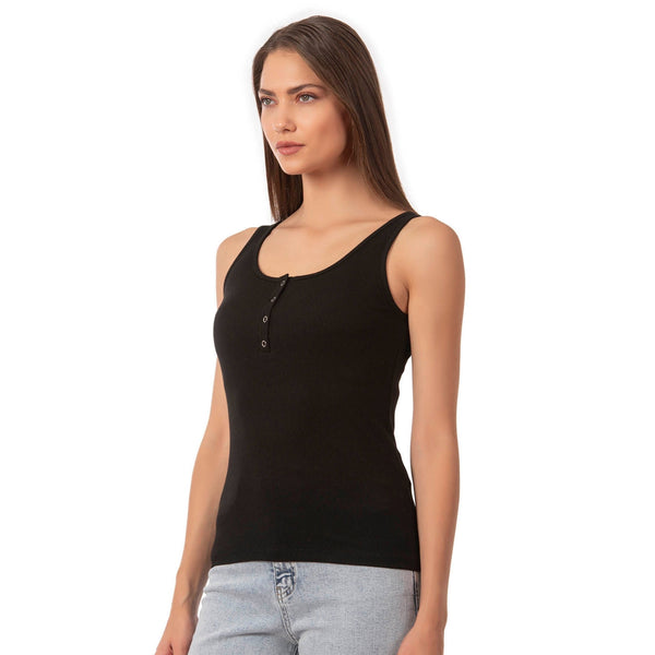 Women’s Ribbed Cotton Tank Top with Snap-Button Detail