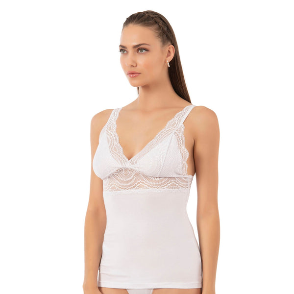 Women’s Lace Trim Cotton Modal Camisole with V-Neck and Wide Straps