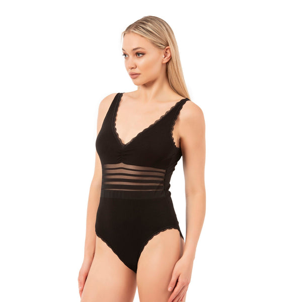 Women’s Cotton Bodysuit with Sheer Waist and Lace Trim