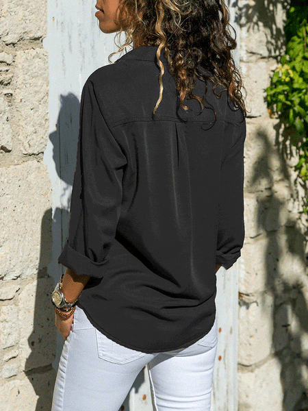 V-Neck Button-Up Long Sleeve Blouse with Pocket - Roll-Up - Elegant Jewel Closure