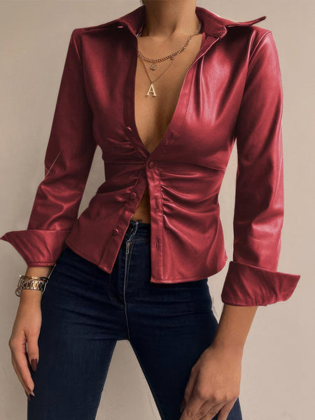 Women's V-Neck Buttoned PU Leather Top with Long Sleeves